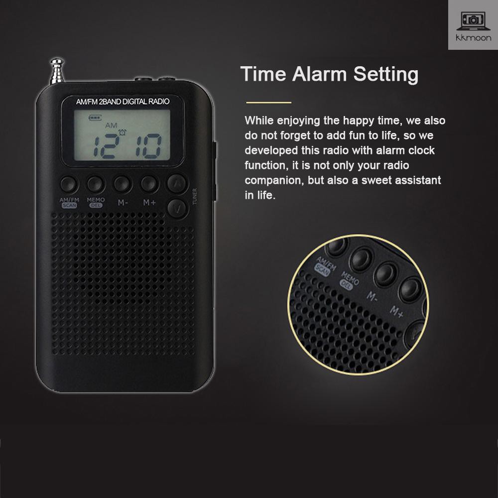 HRD-104 Portable AM/ FM Stereo Radio Pocket 2-Band Digital Tuning Radio Mini Receiver Outdoor Radio w/ Earphone Lanyard 1.3 Inch LCD Display Screen