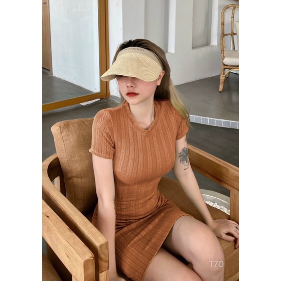 Đầm body nữ chất vải thun xốp xương cá tay ngắn