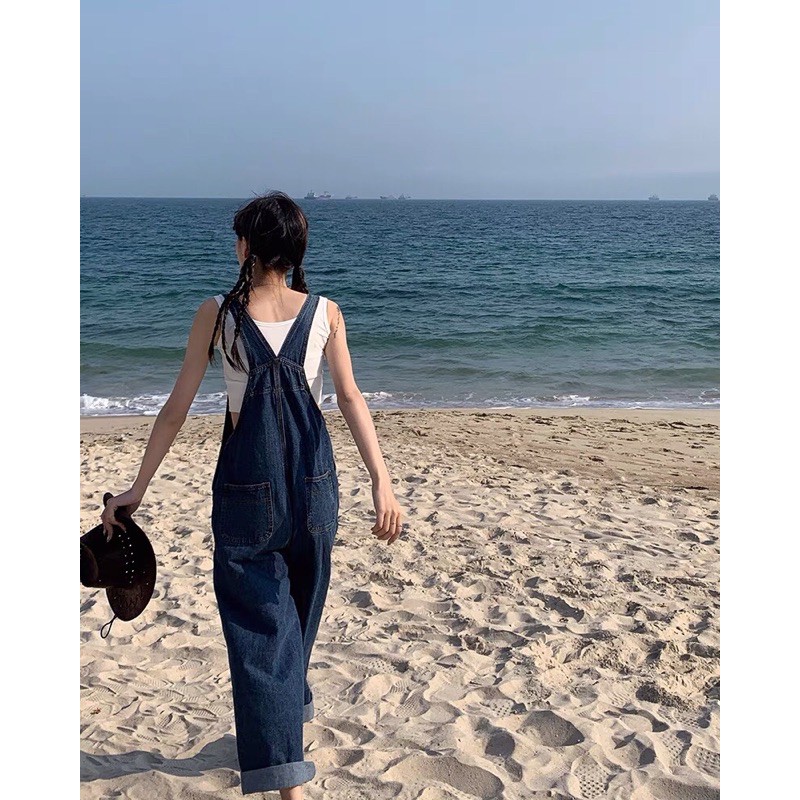 Quần yếm bò Ulzzang / yếm jeans ống rộng màu xanh đậm / quần yếm denim ống rộng | BigBuy360 - bigbuy360.vn