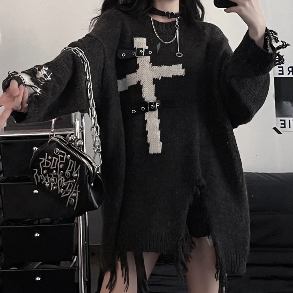 Áo Sweater Dệt Kim Dáng Rộng Rách Gối Phong Cách Punk Cổ Điển Hợp Thời Trang