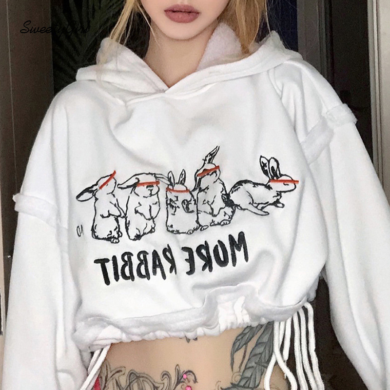 Áo Croptop Tay Dài Hoạ Tiết Thỏ Đáng Yêu Cho Nữ