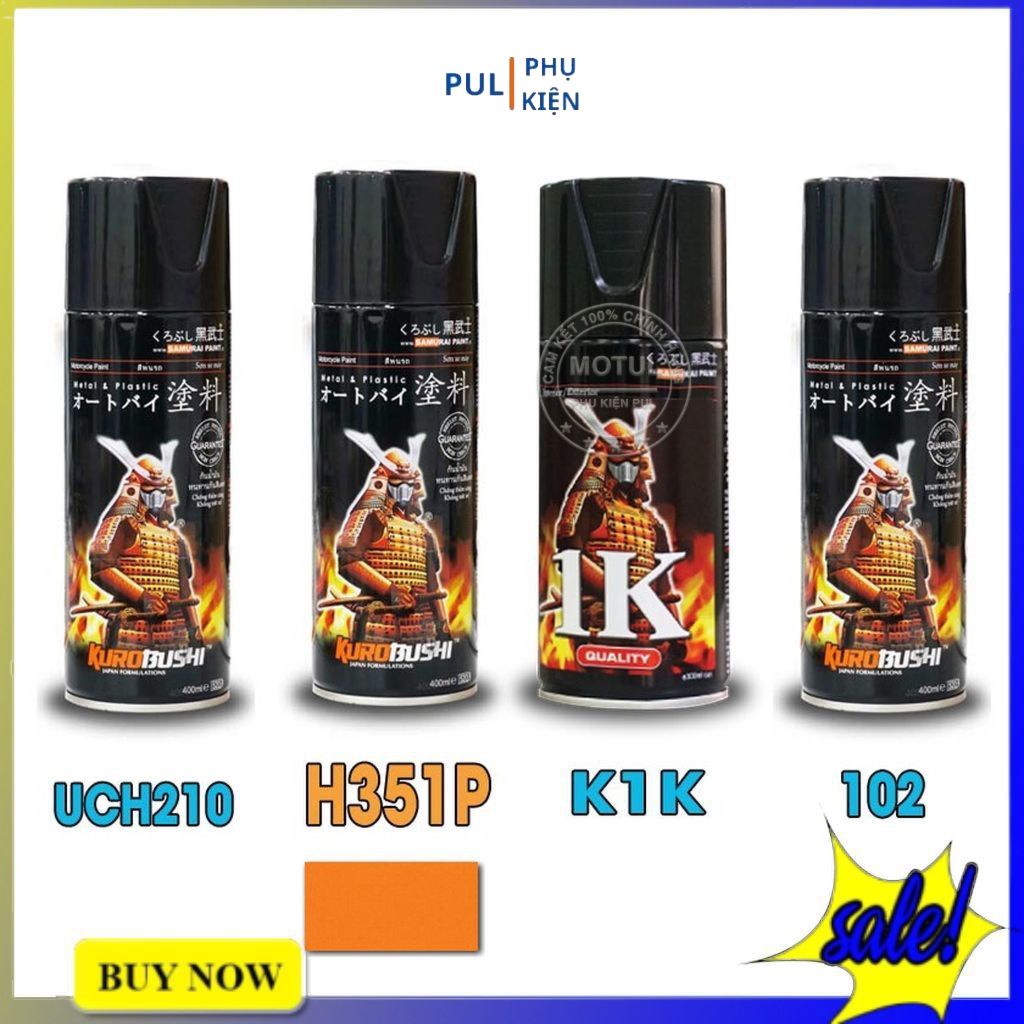 Combo 4 chai sơn samurai màu cam ngọc gồm H351P - UCH210 - 102 - K1K - giấy nhám P800