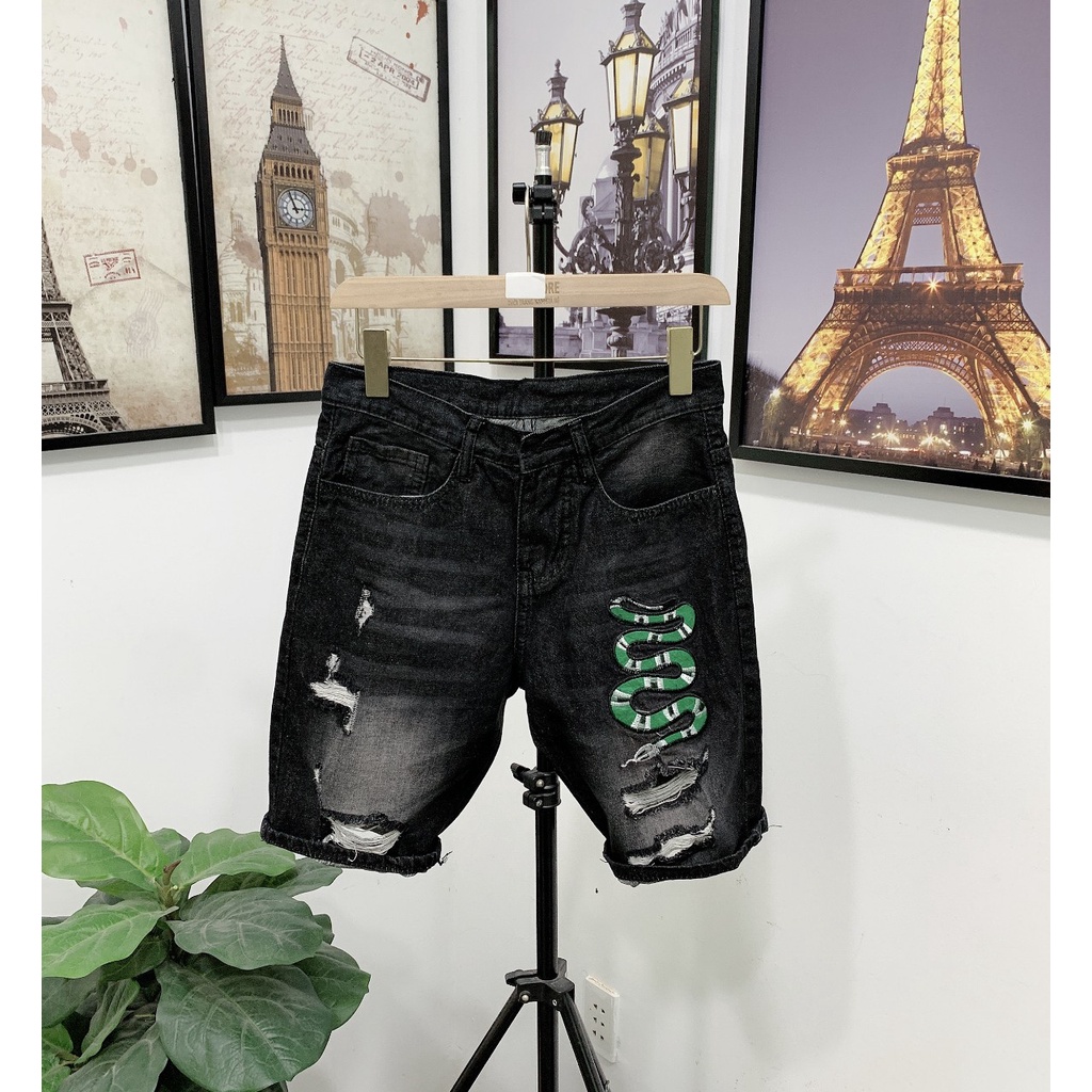 Quần short jean nam cao cấp đen rách thêu rắn chất bò vải dày co dãn mẫu mới nhất cao cấp N77 FASHION