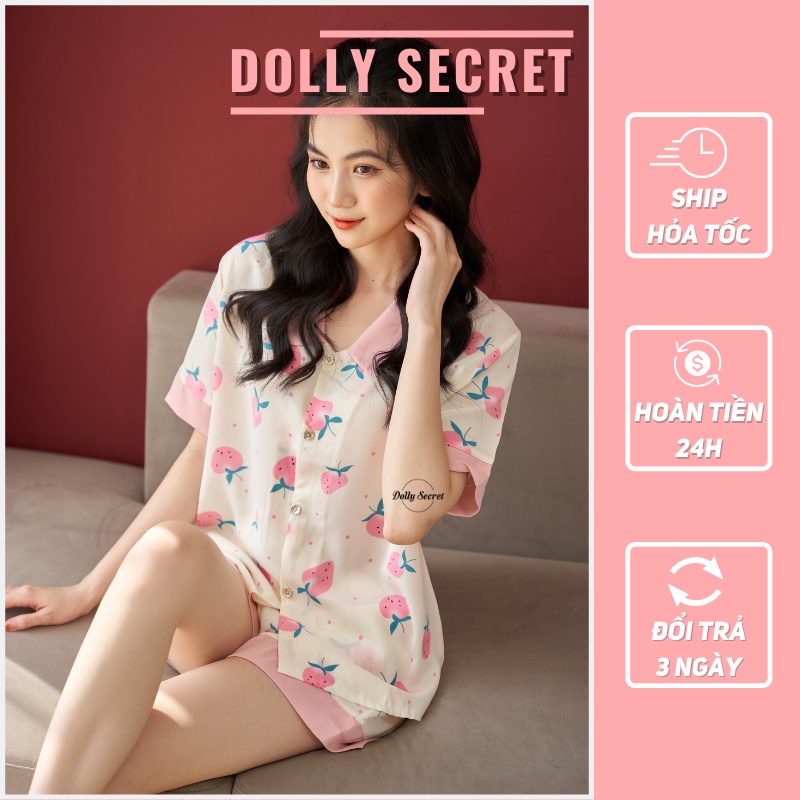 Bộ mặc nhà lụa mango cộc tay Pijama màu hồng đáng yêu họa tiết trái dâu dễ thương DOLLY SECRET CC06