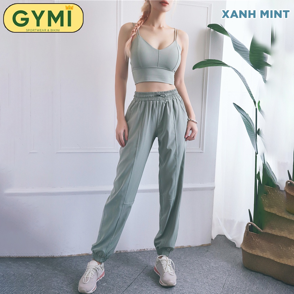 Set bộ đồ tập gym yoga nữ GYMI SET14 gồm áo bra hai dây thun lạnh và quần jogger gió giấy thể thao