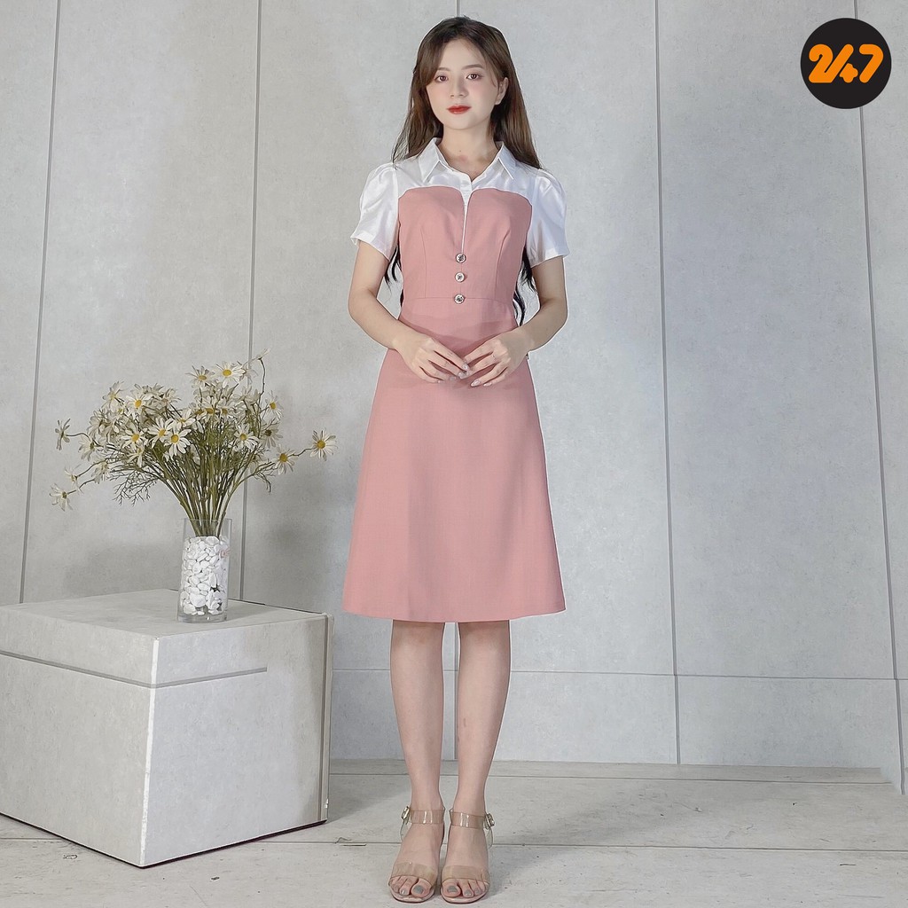 [Mã SKAMSALEP6 giảm 10% tối đa 100K đơn 150K] Đầm nữ công sở xòe kiểu dáng phối màu cổ sơ mi thanh lịch | BigBuy360 - bigbuy360.vn