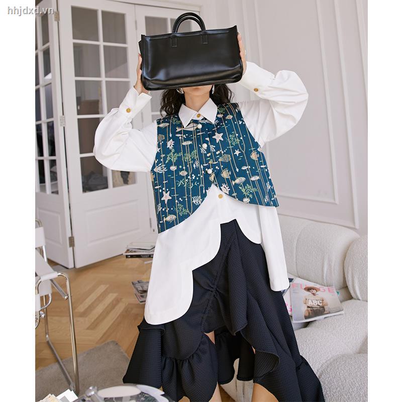 Set áo sơ mi + chân váy đuôi cá lưng cao phong cách Pháp