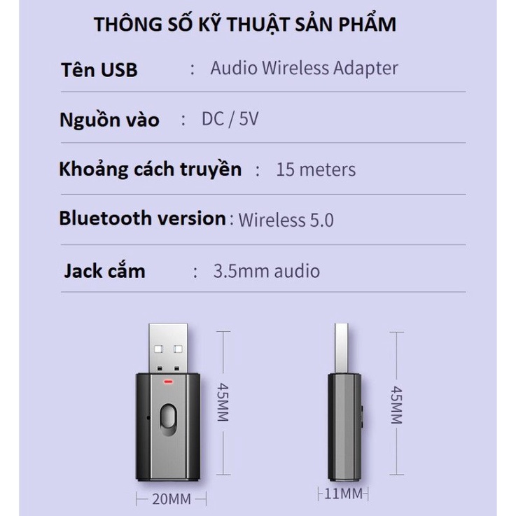 Thiết bị thu phát âm thanh Usb bluetooth 5.0 âm thanh đa chức năng jack cắm 3.5mm cho loa, ô tô, máy tính...có mic