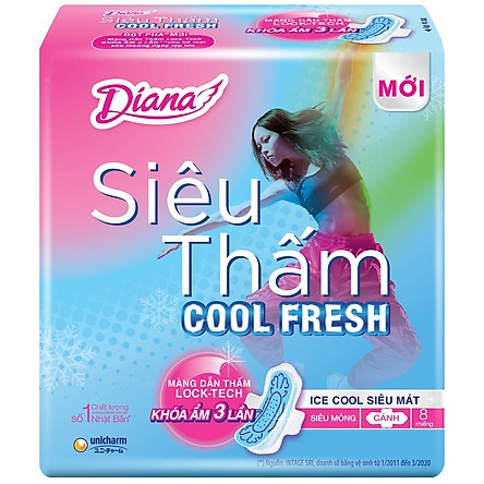 Băng vệ sinh Diana siêu thấm Cool Fresh siêu mỏng cánh 23cm (Gói 8 miếng)