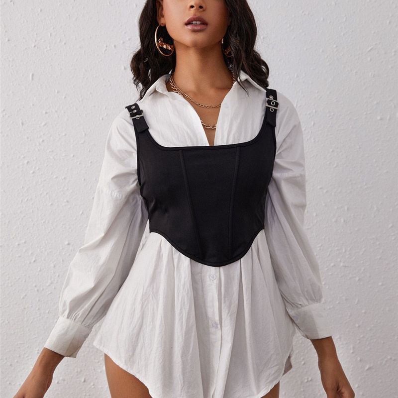 Xiangbao Áo Tank Top Hai Dây Cổ Chữ U Màu Đen Quyến Rũ Đường Phố Wea