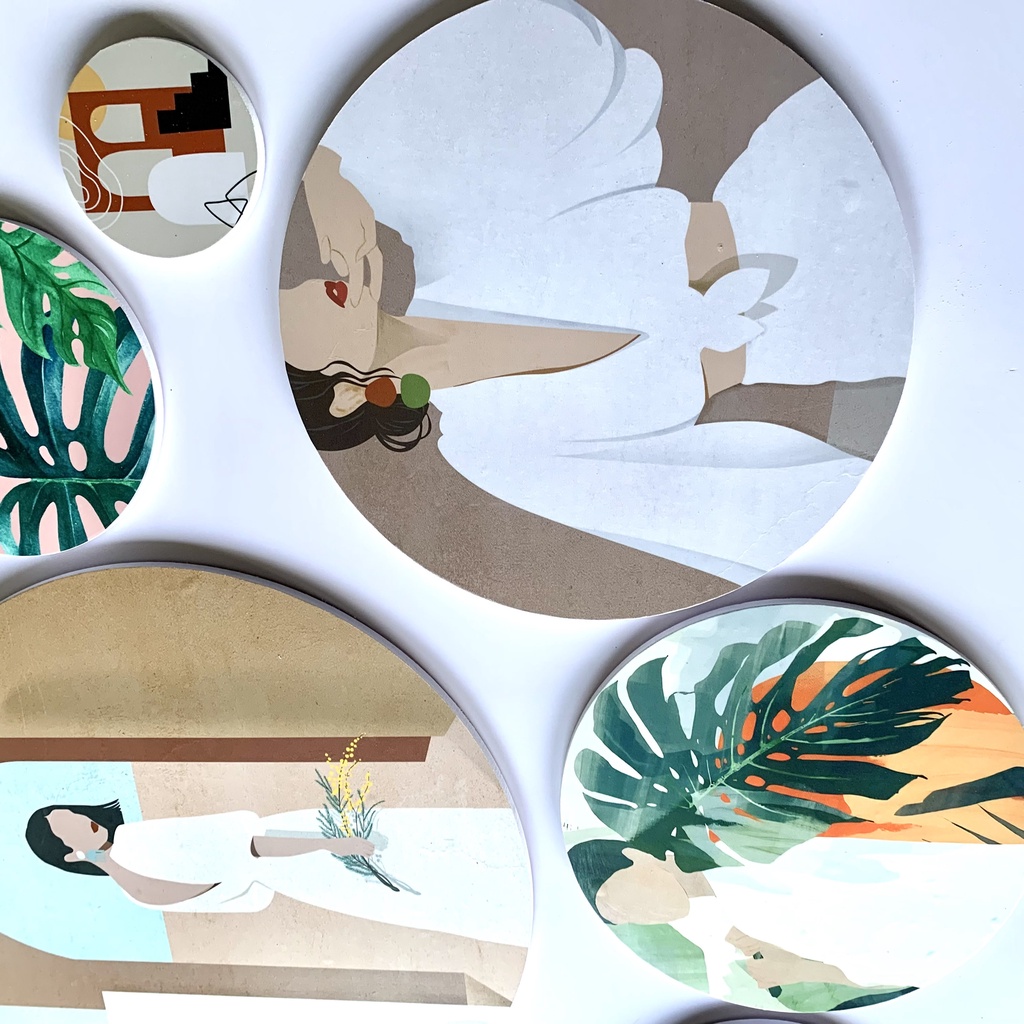 Tranh tròn dán tường Luhau Girl and Leaf mix style Minimalism và Scandanivian tối giản Hàn Quốc
