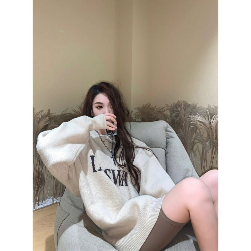 Áo Sweater Dệt Kim Tay Dài Dáng Rộng Phong Cách Retro Nhật Bản Giản Dị Mới Dành Cho Bạn Nữ Mặc