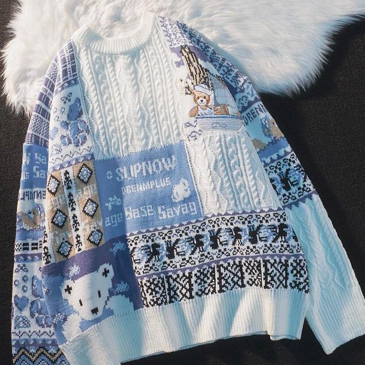 Áo Sweater Dệt Kim Dáng Rộng Thêu Hình Gấu Phong Cách Âu Mỹ Thời Trang Mùa Đông Cho Nam Và Nữ