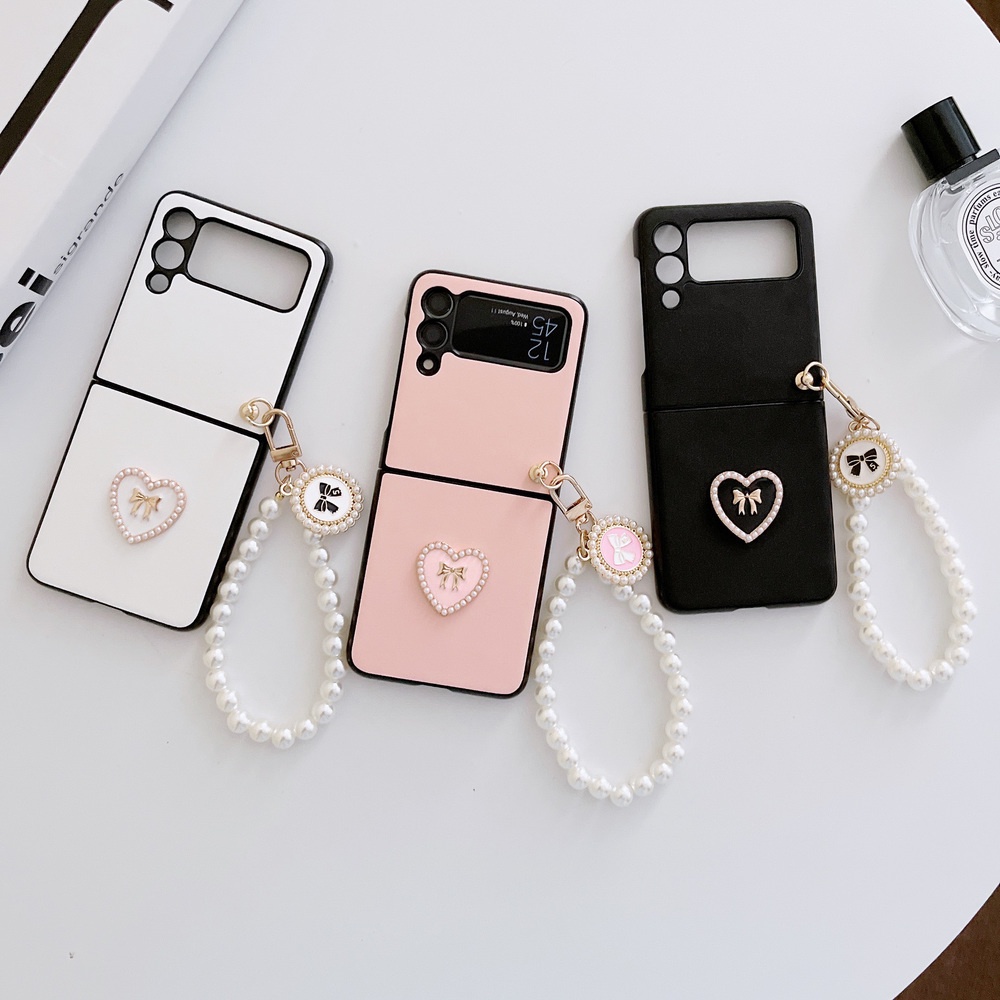 Ốp điện thoại HOCE da PU họa tiết trái tim 3D phối chuỗi ngọc trai giả cho samsung galaxy zflip5 z flip 3 z flip 4 5g