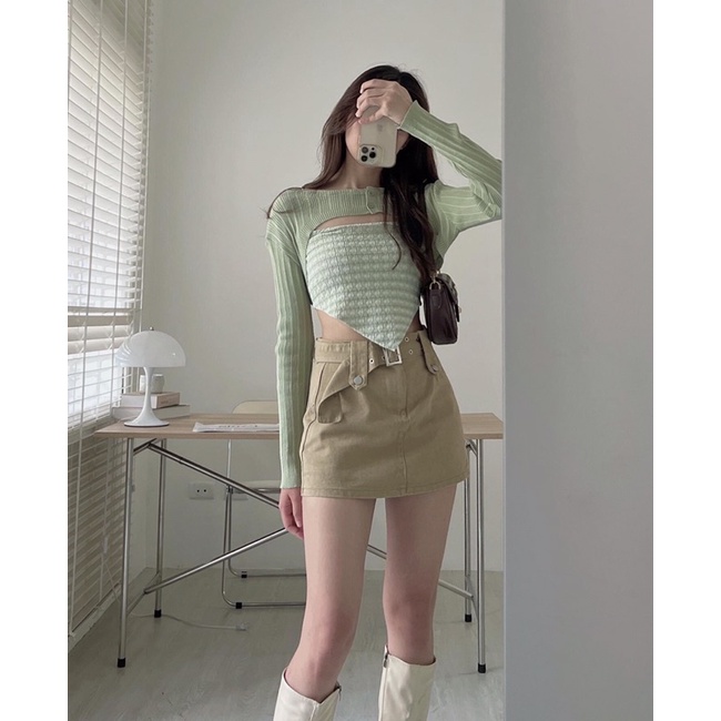 [Ảnh thật/Video]SET ÁO Mongtogi MIX CROPTOP QH siêu đẹp Set áo hai dây kèm cadigan Hàn Quốc