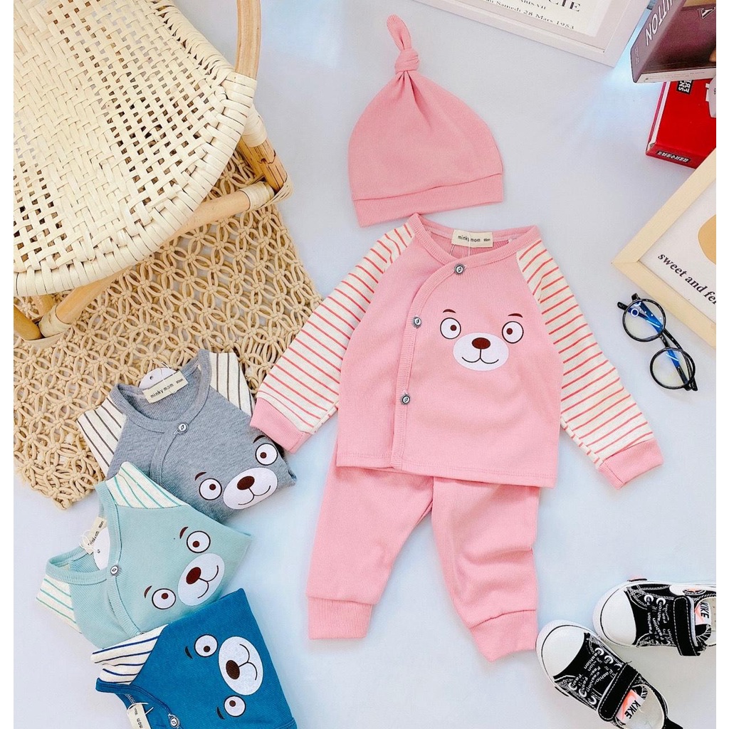 (Tặng kèm mũ) bộ sơ sinh cài lệch vải thun tăm dày mùa đông cho bé 3-9kg