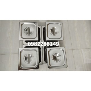 Combo 4 bộ khay inox gn 1/6 cao 6,5cm đựng thạch trà sữa,topping...có nắp