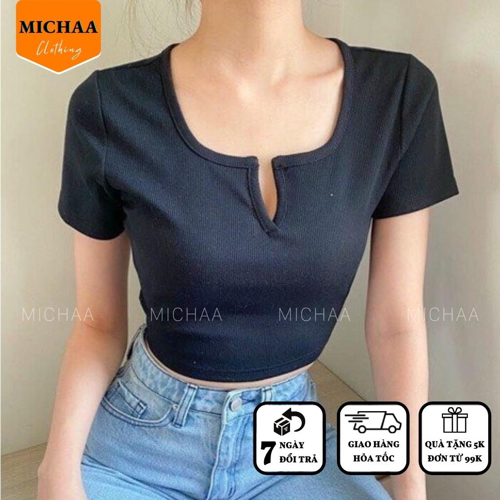 Áo Croptop Cổ KHOÉT CHỮ V Tay Ngắn Nữ Thun Cotton Phong Cách Gợi Cảm - MICHAA