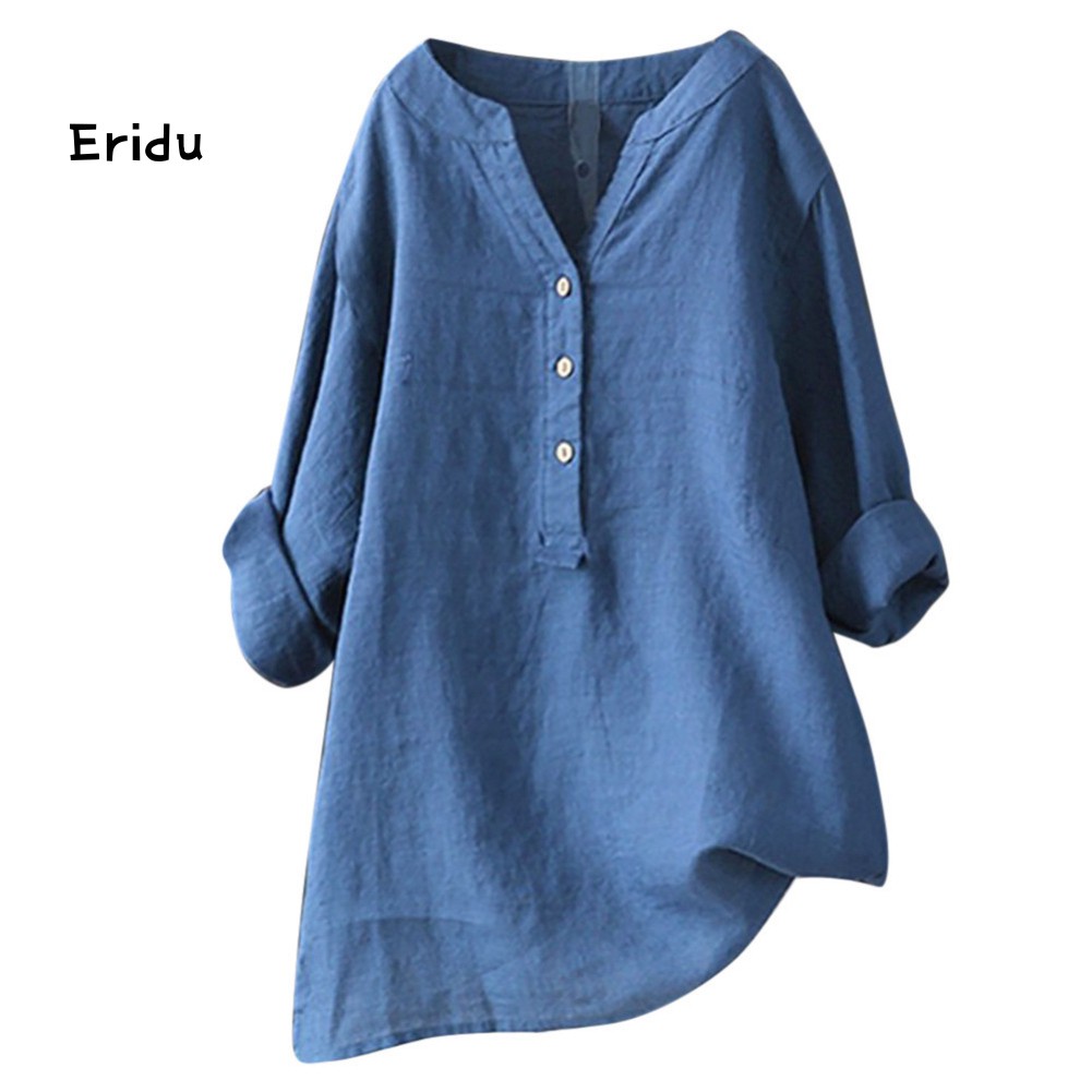 Korean Plus Size Women Solid Color V Neck Long Sleeve Shirt Loose Linen Blouse Top | BigBuy360 - bigbuy360.vn