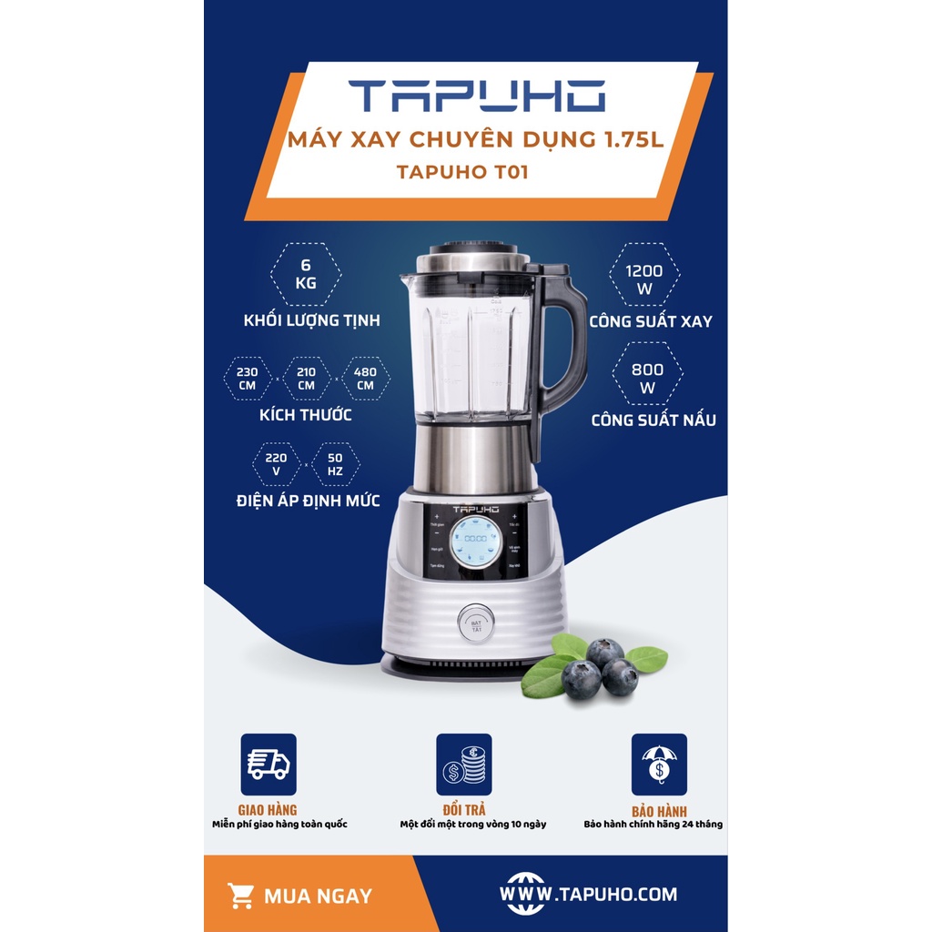 Máy nấu sữa hạt đa năng TAPUHO T01 - Máy làm sữa hạt duy nhất có chế độ tạm dừng - Bảo hành 24 tháng