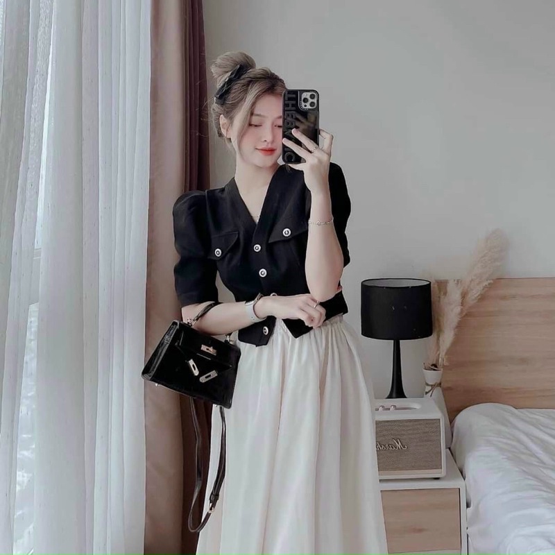 Sét váy thời trang nữ mặc đi chơi áo tiểu thư cotton lạnh kèm chân váy voan cao cấp
