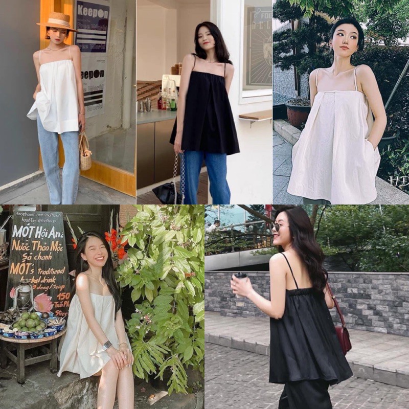 Áo Kiểu HAI DÂY VIN TOP thiết kế xếp li nhẹ form rộng màu sắc style vintage free size