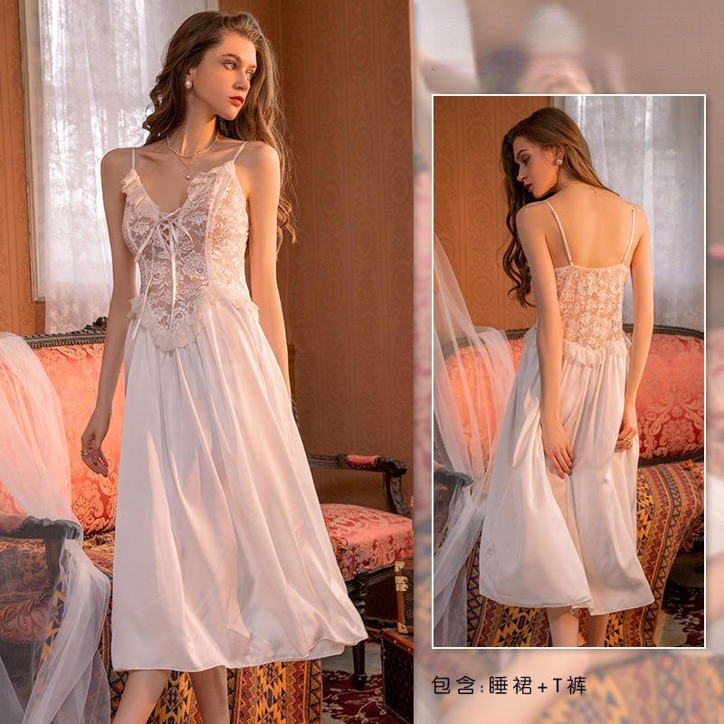 Princess Lace Satin Fashion Nightdress+T Pant Sexy Light Luxurious V-Neck Sleepwear