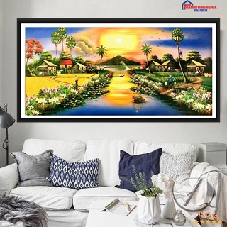 Tranh đính đá, tranh thêu chữ thập phong cảnh làng quê việt nam DV6368 DD9560