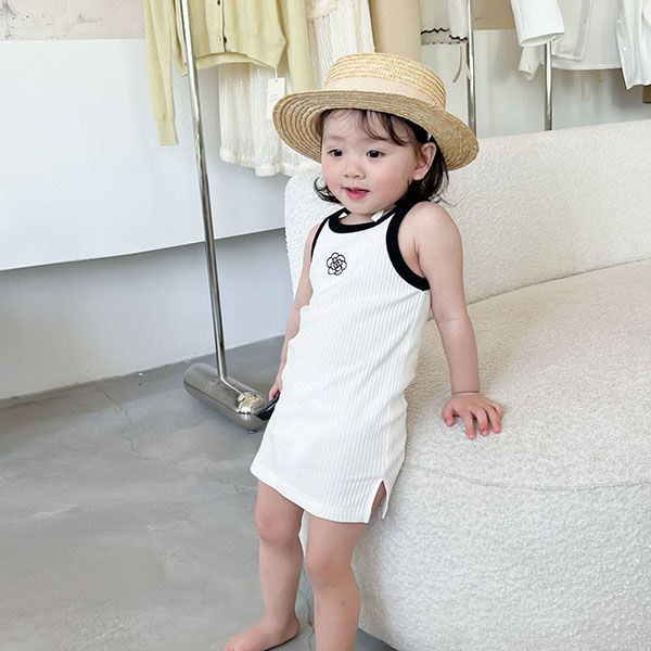 Đầm Hai Dây Mỏng Co Giãn Họa Tiết Hoa Trà Mùa Hè Đáng Yêu Cho Bé Gái