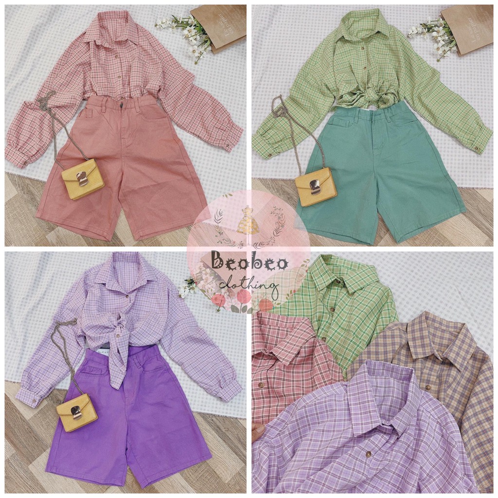Áo sơ mi oversize sọc caro 4 màu pastel tay phồng