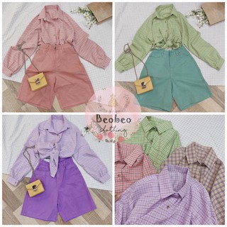 [Ảnh thật] Áo sơ mi oversize sọc caro 4 màu pastel tay phồng
