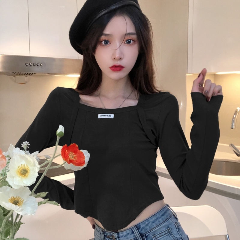 ZHELIHANGFEI Áo Thun Tay Dài Cổ Vuông Form Ôm Kiểu Dáng Ngọt Ngào Dễ Phối Đồ