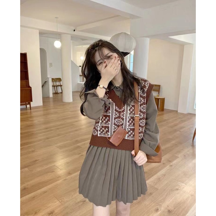 Áo sát nách ZHELIHANGFEI dệt kim cổ chữ V phối màu tương phản phong cách Nhật Bản thời trang thu đông mới dành cho nữ