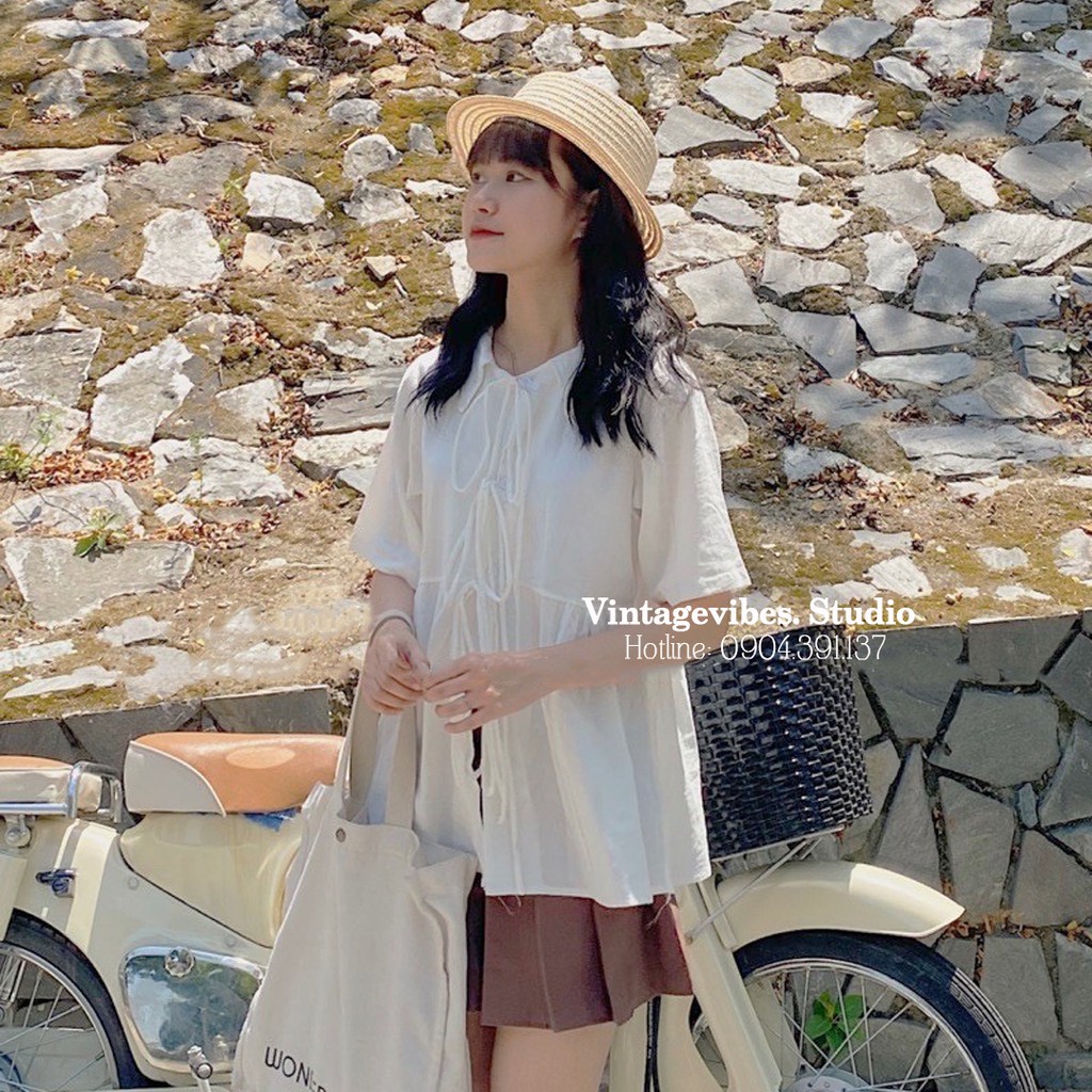 Áo babydoll cổ 3 nơ tiểu thư kèm chân váy Ulzzang (hàng QCCC) - Ảnh thật + Video thật