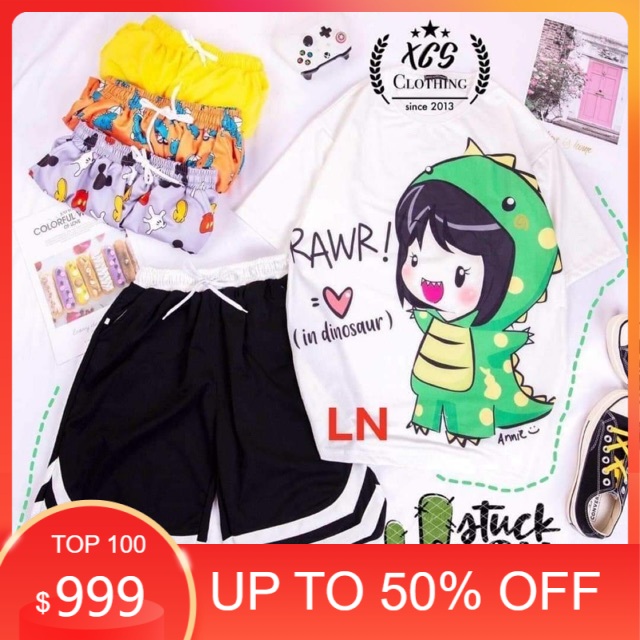 Sét áo khủng Long RAWR + quần đùi V cạp trắng LN12 , sét áo nam nữ,  sét bộ mặc ở nhà MODY