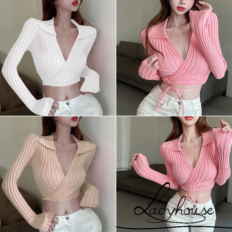 Áo Croptop Dệt Kim Tay Dài Cổ Chữ V Màu Trơn / Trắng / Mơ / Hồng Thời Trang Mùa Xuân