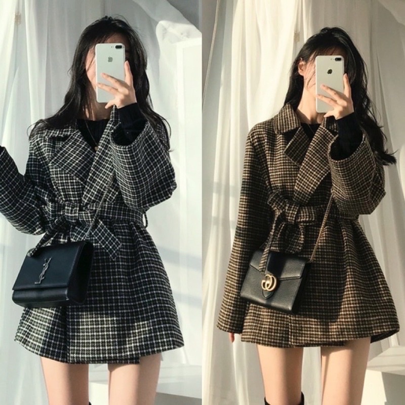 [Ảnh thật] Áo khoác dạ kẻ dáng rộng phong cách Hàn Quốc có kèm đai buộc