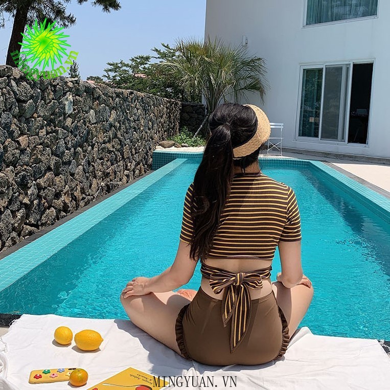 [mingyuan] two-piece blue brown half sleeve striped embroidered high waist sexy high waist bikini female bikini swimsuit | BigBuy360 - bigbuy360.vn