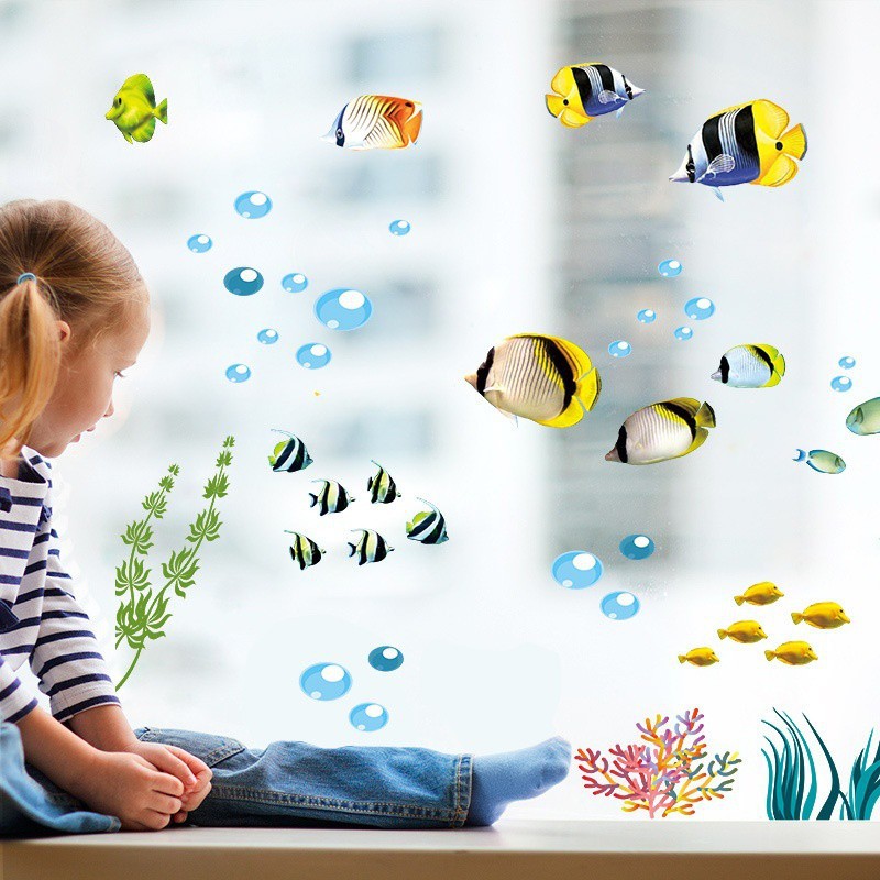 Sticker dán tường họa tiết 3D hình con cá heo và thế giới đại dương dùng trang trí nhà