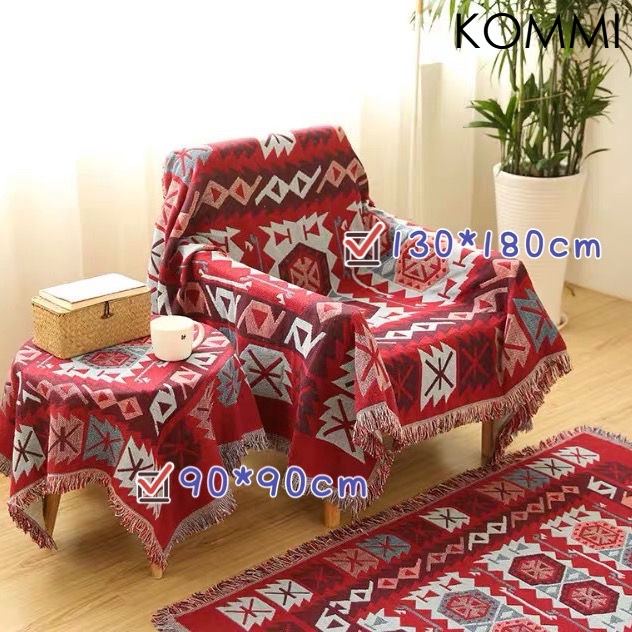 Khăn trải bàn phủ ghế sofa họa tiết hai mặt nhiều màu sắc phối tua rua phong cách Mỹ