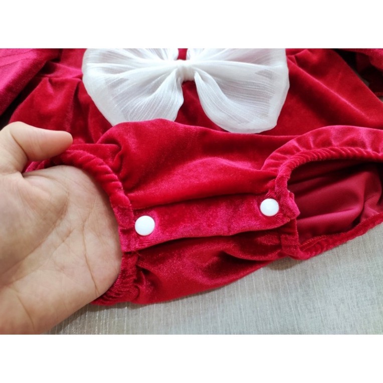 Bodysuit Nhung Đỏ Nơ Trắng Mẫu Mới Cho Bé Gái 0-12 Tháng Kèm Mũ &amp; Tất, Váy Sơ Sinh, Đầm Đầy Tháng.