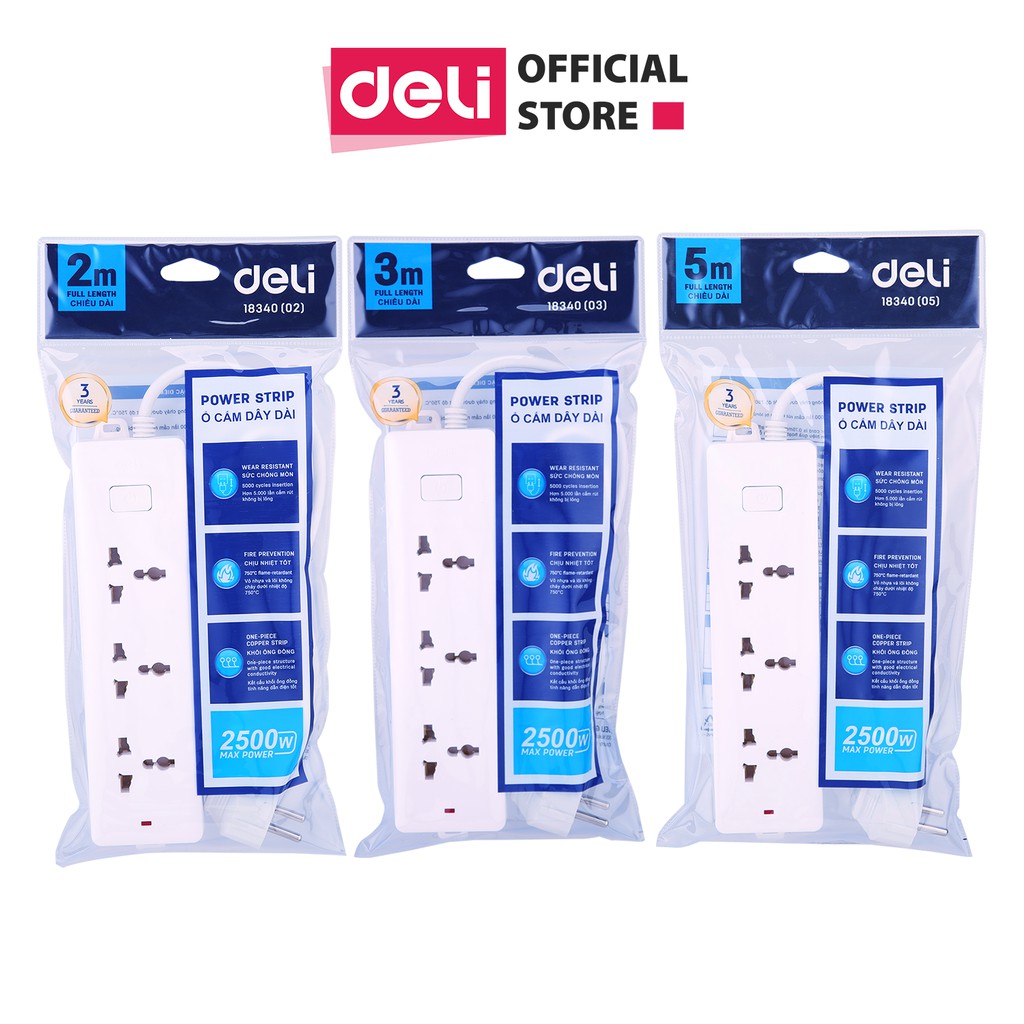 Ổ cắm điện Deli - dây 2m/3m/5m - 1 chiếc - E18340-02 / E18340-03 / E18340-05