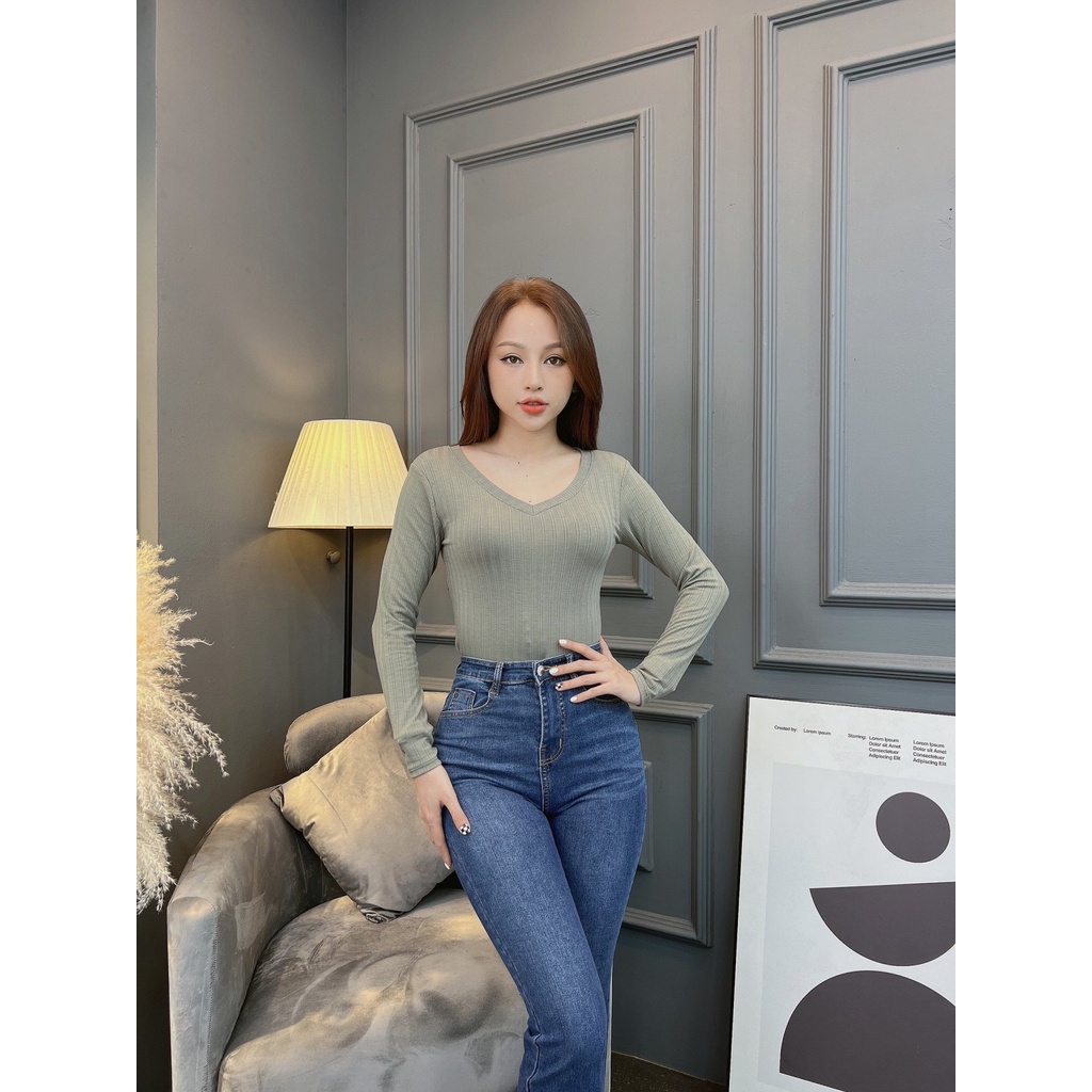 Áo thun tay dài nữ CRAZYTEEN cổ tim sang trọng AT0270