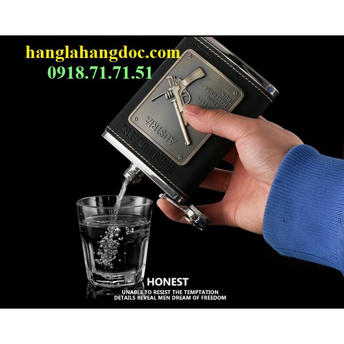 Bình rượu inox Hip Flask chính hãng Honest 8oz, bao da logo cây súng (240ml)