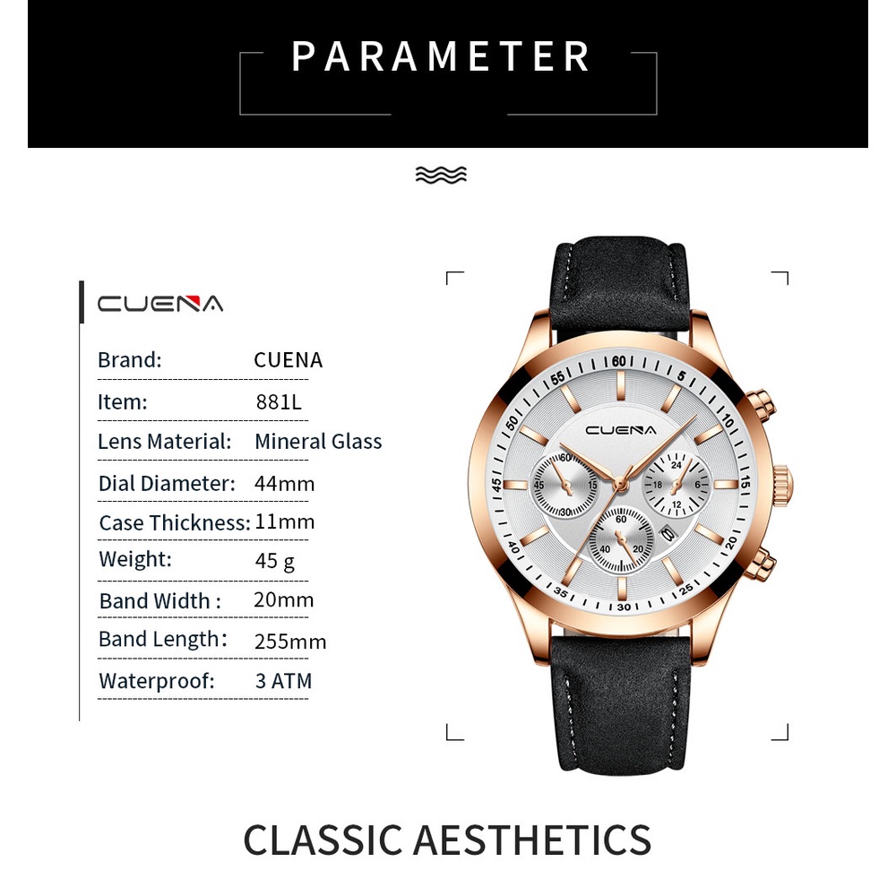 Đồng hồ thạch anh CRRJU 881 L chất liệu da không thấm nước phong cách thể thao thời trang doanh nhân sang trọng cho nam