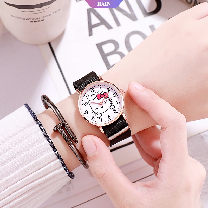 Đồng Hồ Đeo Tay Mặt Tròn Hình Hello Kitty Dễ Thương Dành Cho Bé Gái