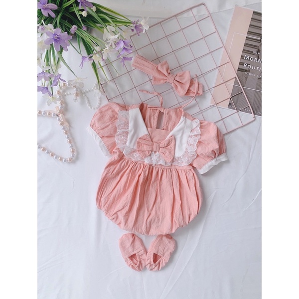 Bodysuit Hồng Cổ Thuyền Cộc Tay Cho Bé Gái 0-12 Tháng Kèm Băng Đô Và Tất Chân, Váy Đầy Tháng, Bodysuit Sơ Sinh