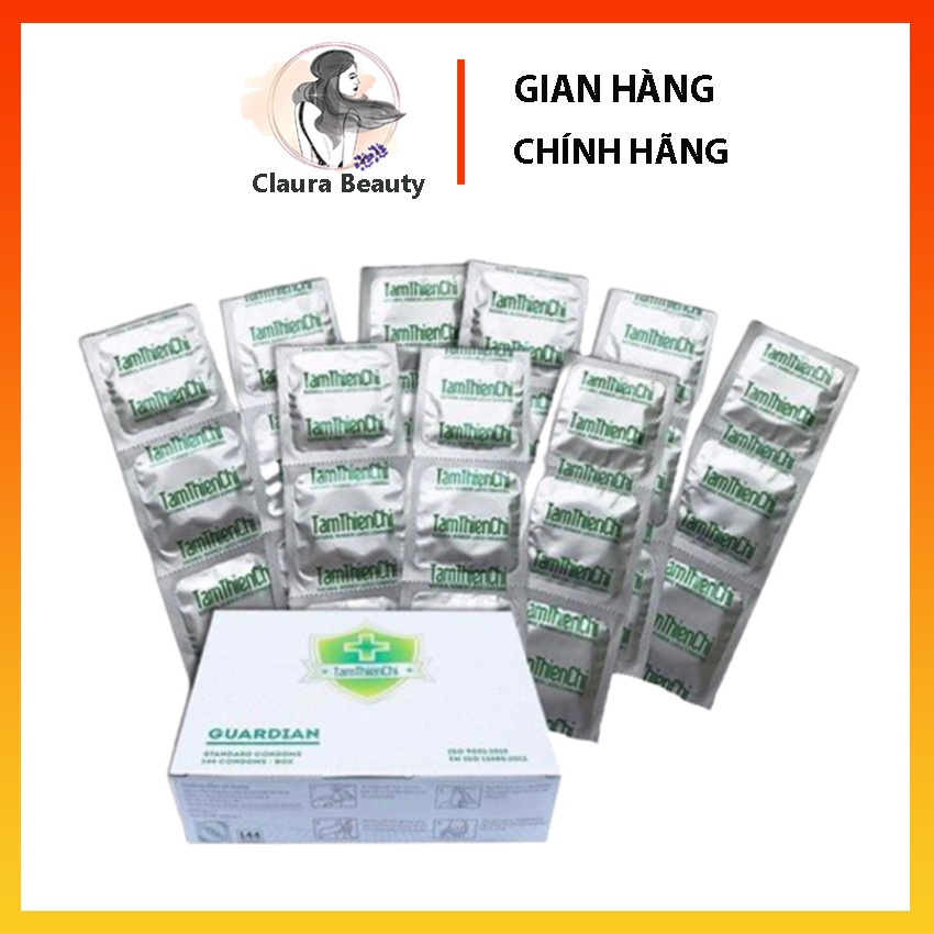 Bao cao su Tâm Thiện Chí Guardian mỏng trơn hộp 144 cái tặng 1 chai gel kháng khuẩn Emilar 50g Claura Beauty