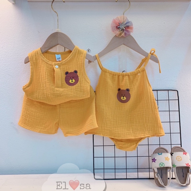 Bộ quần áo vải xô muslin kèm băng đô cho bé gái thêu hình gấu ( bộ 2 dây)