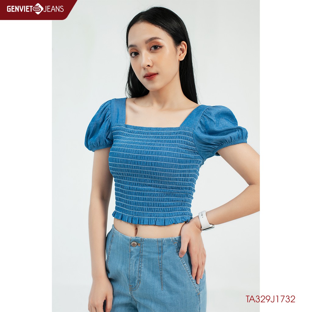 Áo sơmi jeans cộc tay cổ vuông nhún tay bèo TA329J1732 GENVIET